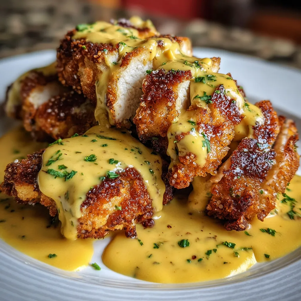 Crispy Pretzel-Crusted Chicken Breasts with Creamy Mustard-Cheddar Sauce - main view