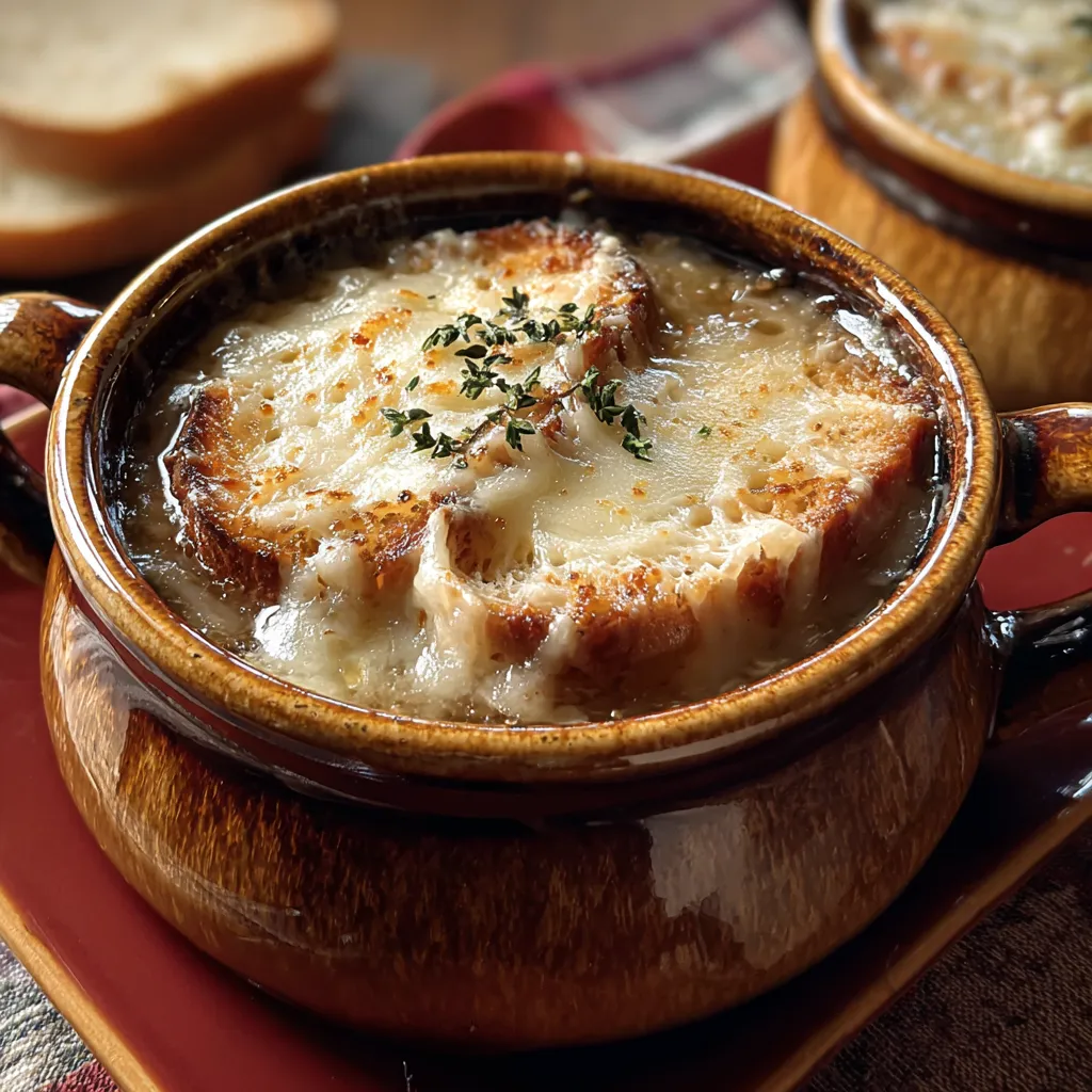 Classic French Onion Soup with Caramelized Onions and Gruyère Cheese Crust - tertiary view