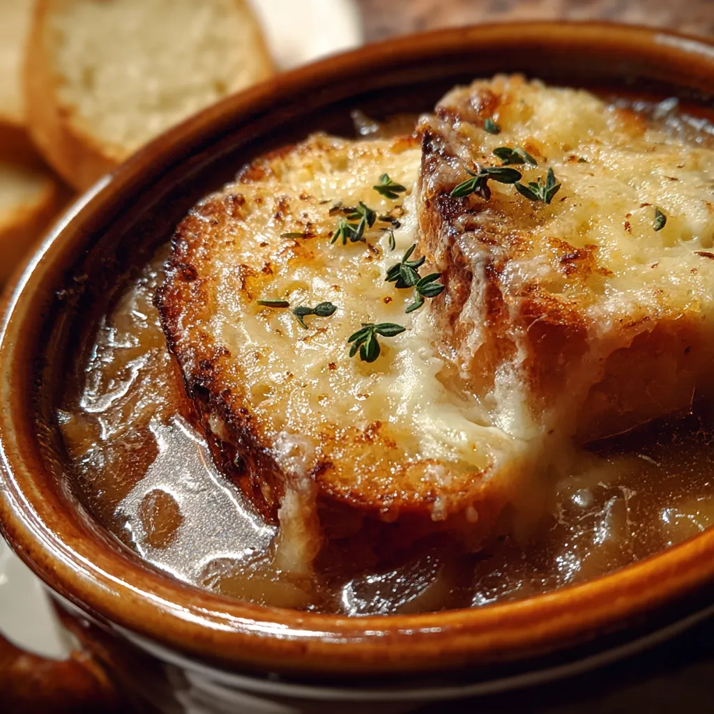 Classic French Onion Soup with Caramelized Onions and Gruyère Cheese Crust - secondary view