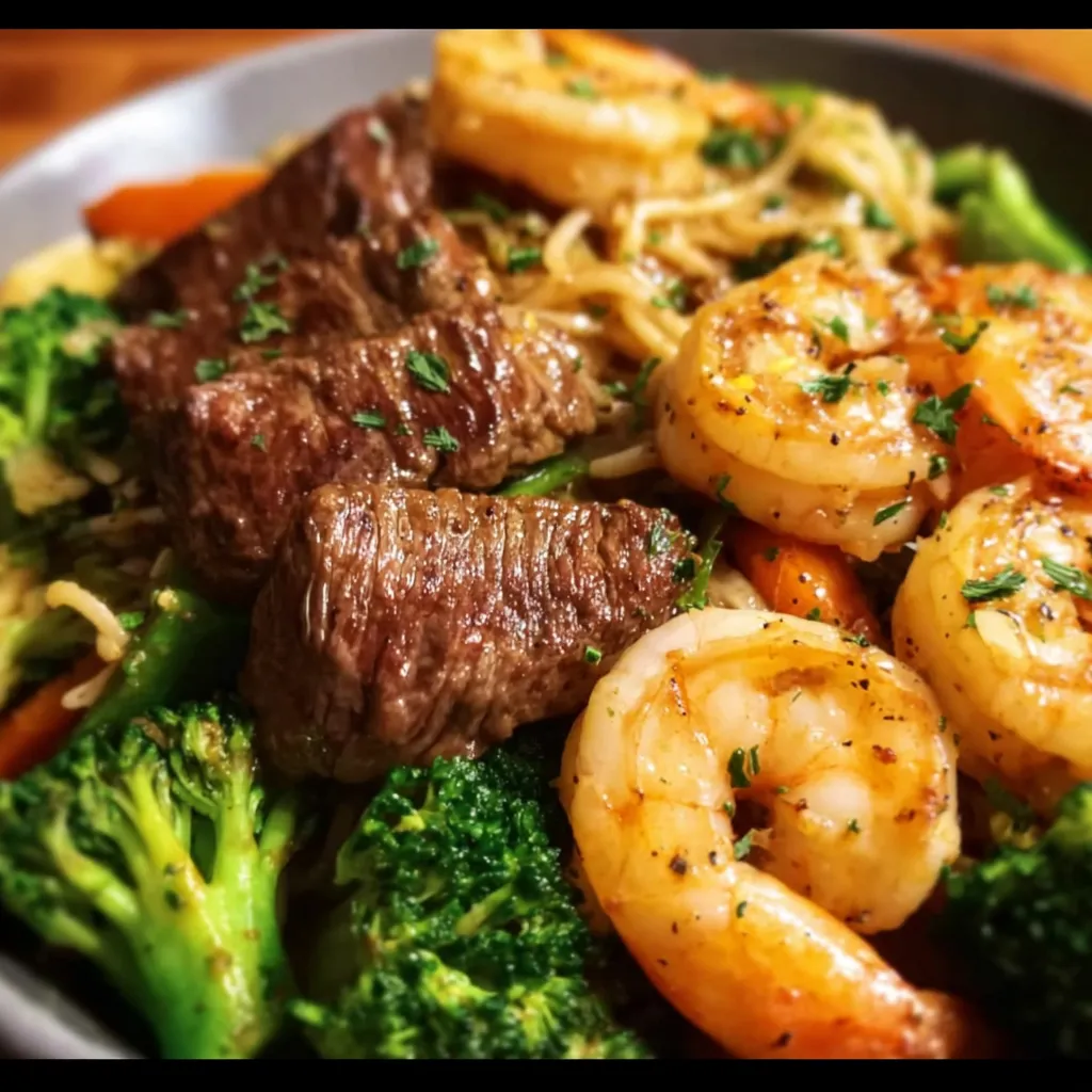 High-Protein Steak and Shrimp Stir-Fry with Fresh Vegetables and Savory Asian Sauce - tertiary view