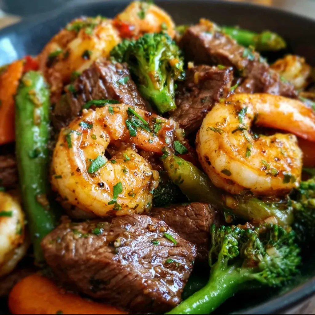 High-Protein Steak and Shrimp Stir-Fry with Fresh Vegetables and Savory Asian Sauce - secondary view
