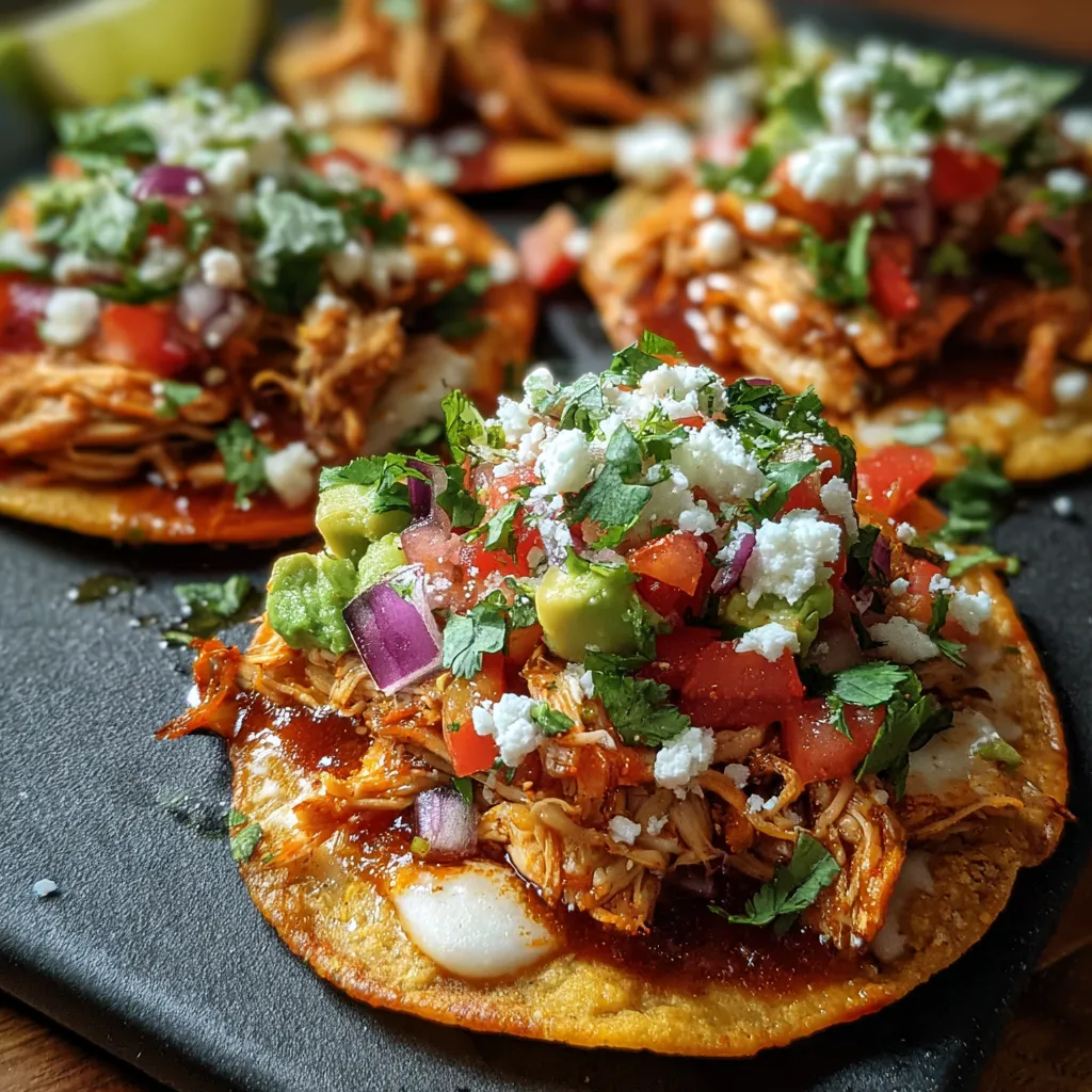 Authentic Mexican Rotisserie Chicken Tostadas with Fresh Toppings and Creamy Avocado Sauce