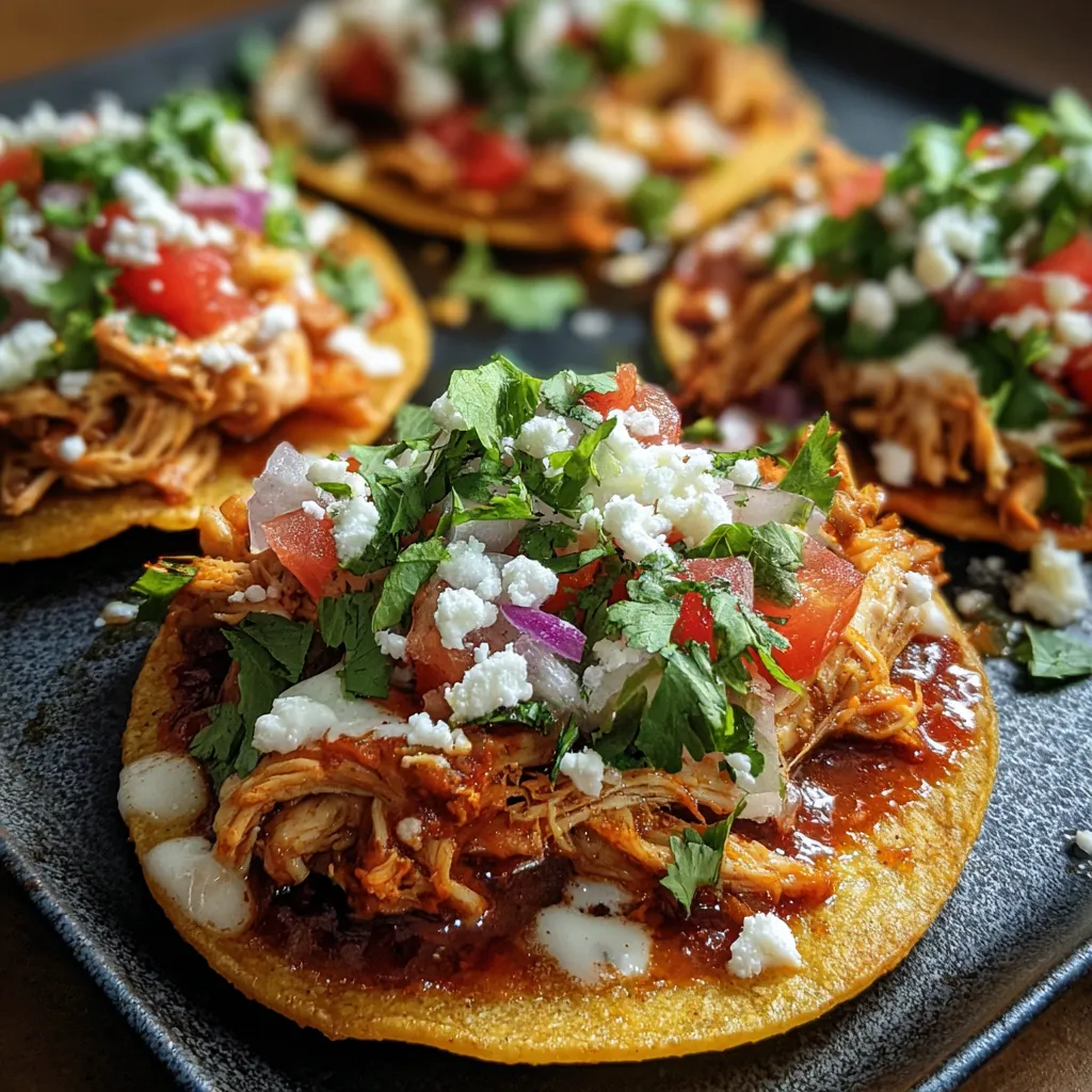 Authentic Mexican Rotisserie Chicken Tostadas with Fresh Toppings and Creamy Avocado Sauce - secondary view