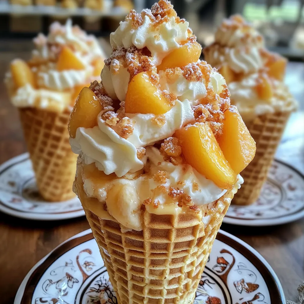 Peach Cobbler Cheesecake Cones with Cinnamon Sugar Waffle Cones and Spiced Peach Filling - tertiary view