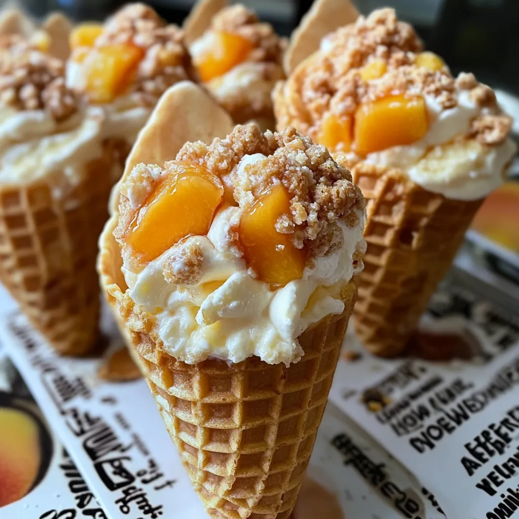 Peach Cobbler Cheesecake Cones with Cinnamon Sugar Waffle Cones and Spiced Peach Filling - secondary view