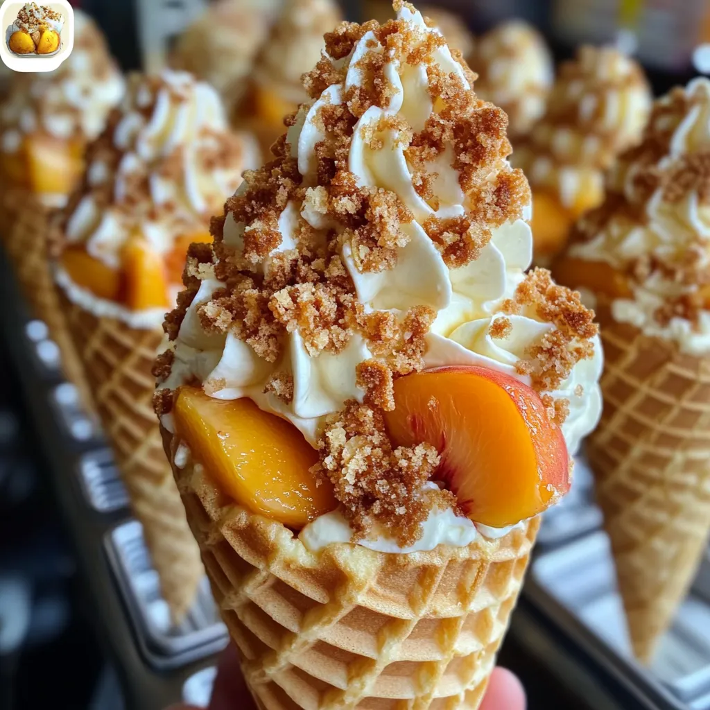Peach Cobbler Cheesecake Cones with Cinnamon Sugar Waffle Cones and Spiced Peach Filling