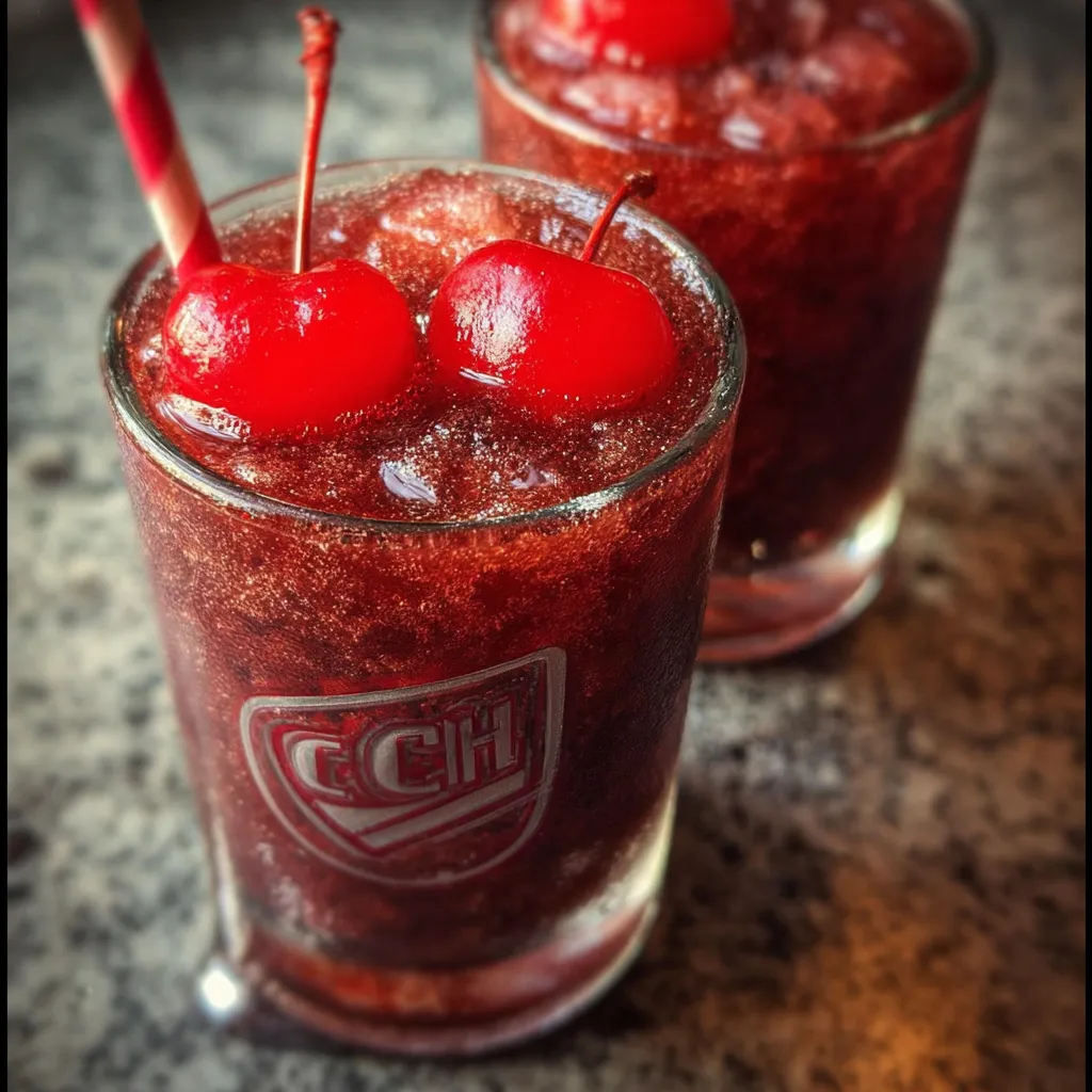 Cherry Jack and Coke Slushies with Frozen Cherries and Cola Ice