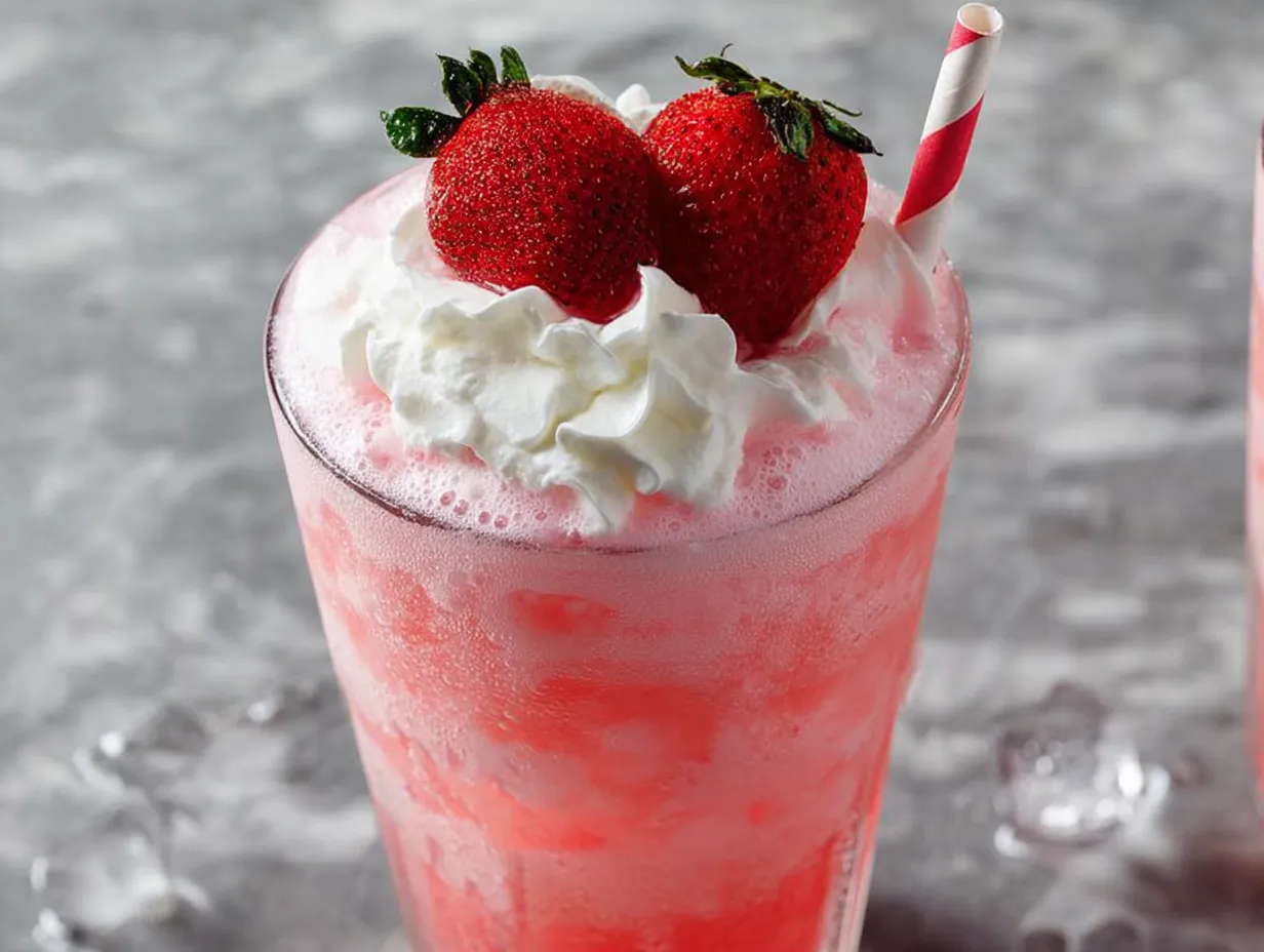 Homemade Pink Strawberry Cream Soda with Fresh Berry Puree and Vanilla Cream - secondary view