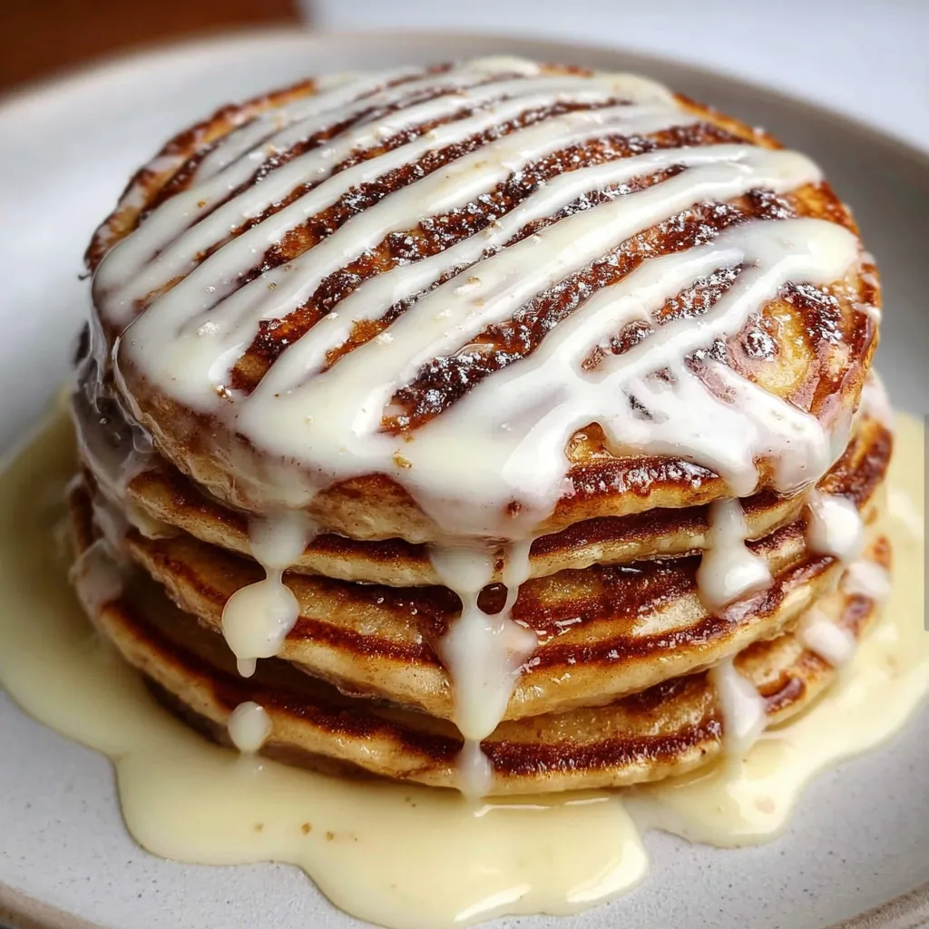 Cinnamon Roll Pancakes with Rich Cream Cheese Glaze and Buttery Cinnamon Swirl - main view