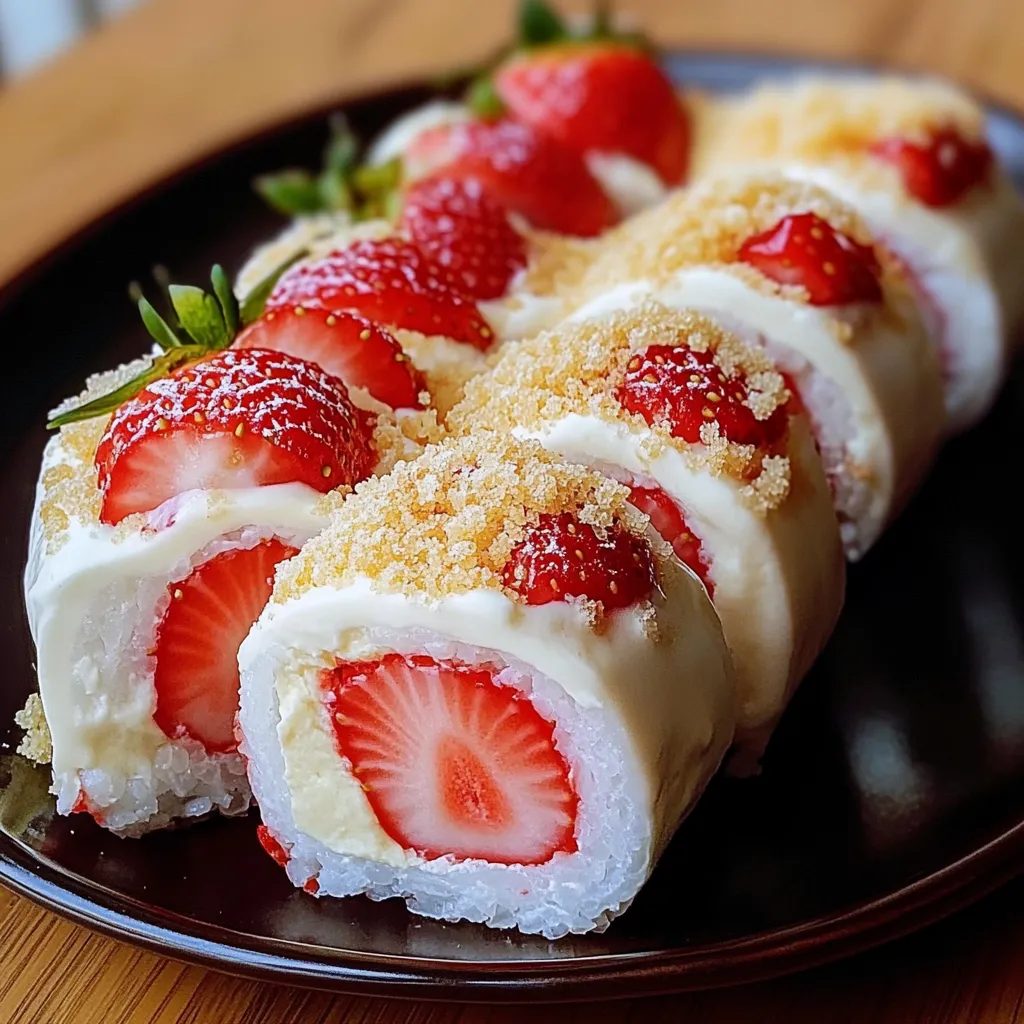 Elegant Strawberry Shortcake Cheesecake Dessert Sushi Rolls with Fresh Berries - secondary view