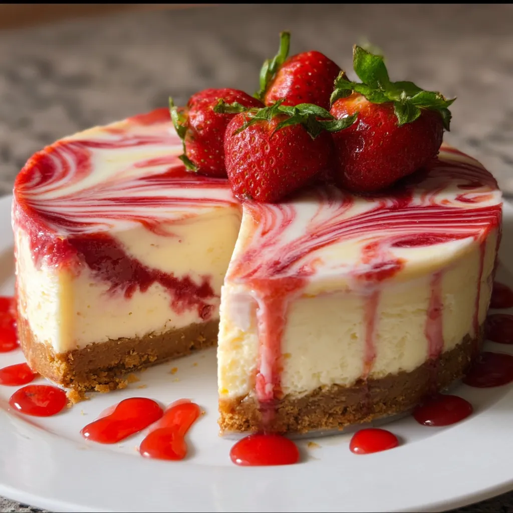 Classic Strawberry Swirl Cheesecake with Graham Cracker Crust and Fresh Berry Topping - tertiary view