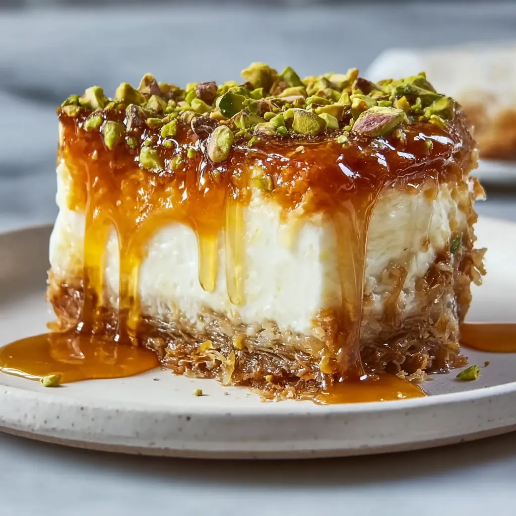 Ultimate Honey Pistachio Baklava Cheesecake with Phyllo Layers and Rose Water - tertiary view