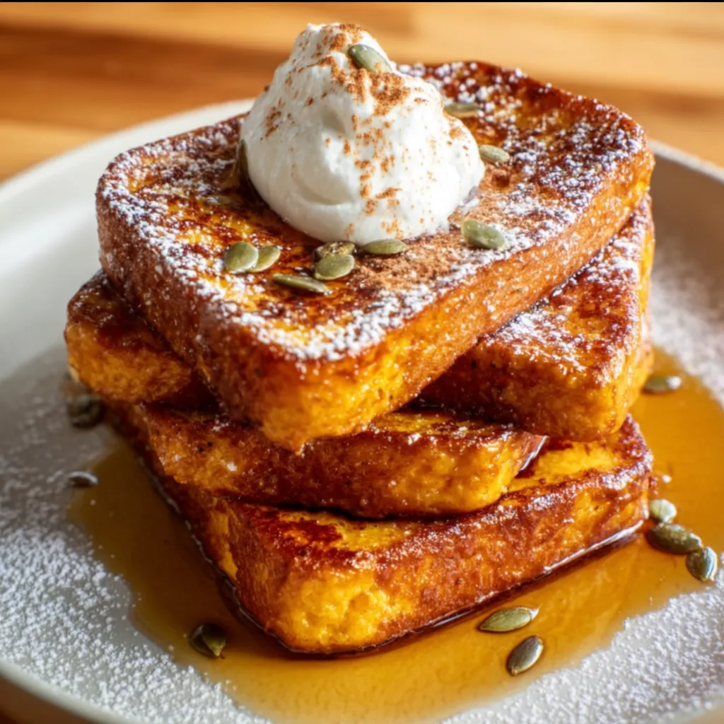 Spiced Pumpkin French Toast with Cinnamon Maple Syrup and Toasted Pecans