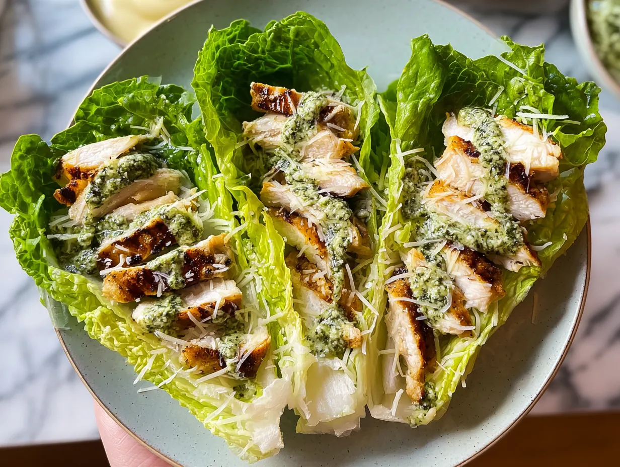 Crisp Lettuce Wraps with Grilled Chicken Strips and Fresh Basil Pesto Drizzle - secondary view