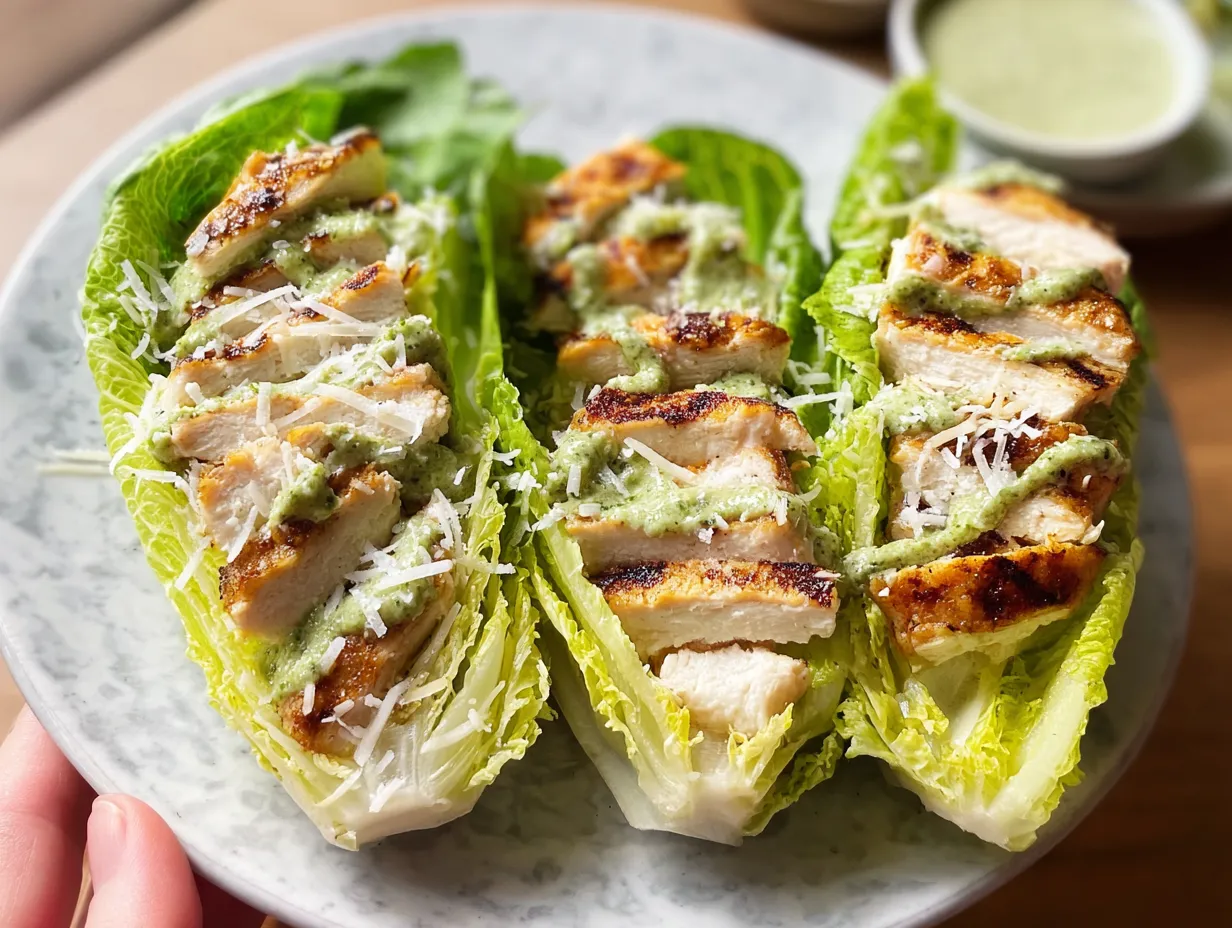 Crisp Lettuce Wraps with Grilled Chicken Strips and Fresh Basil Pesto Drizzle
