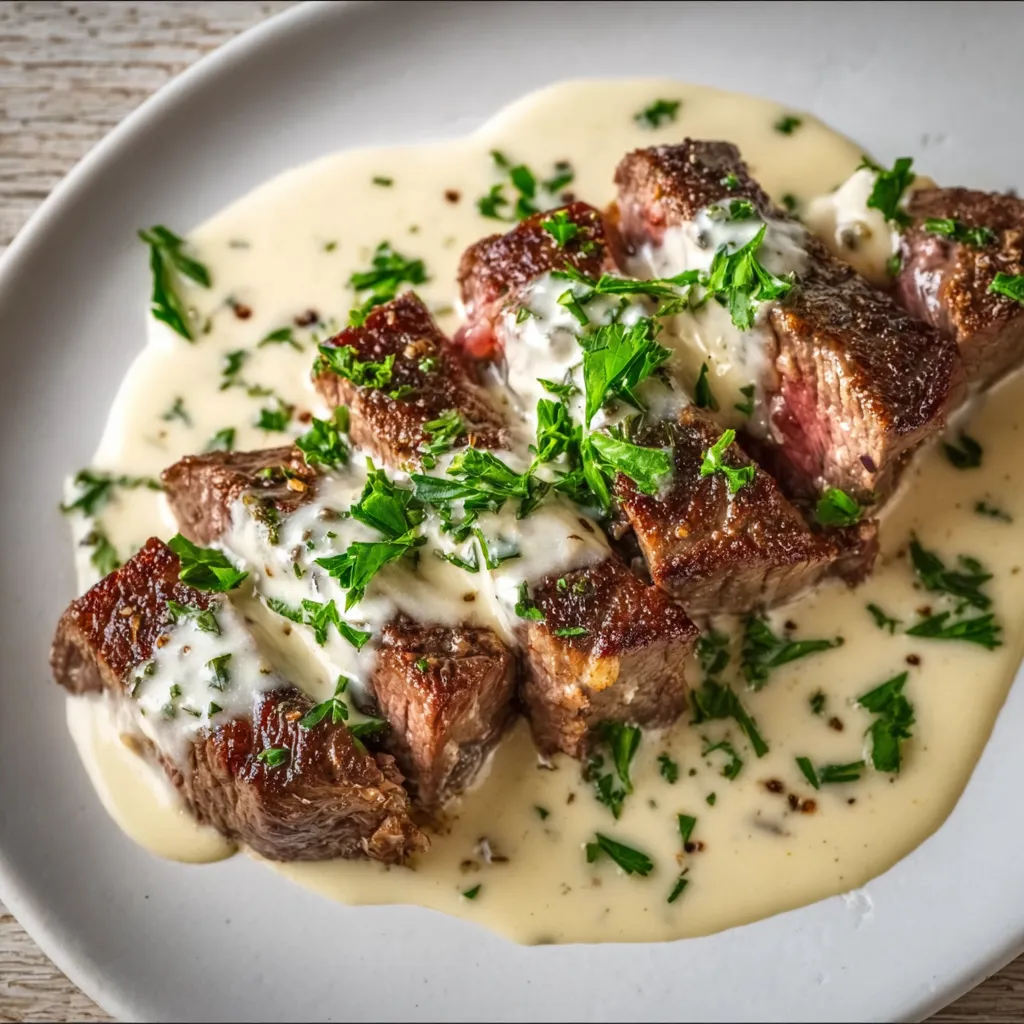 Juicy Pan-Seared Steak with Rich Creamy Garlic Herb Sauce