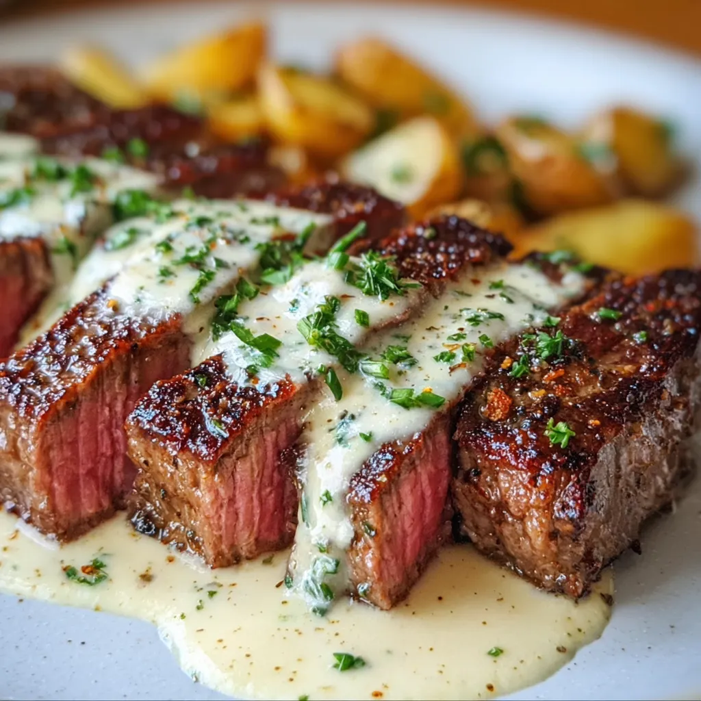 Juicy Pan-Seared Steak with Rich Creamy Garlic Herb Sauce - secondary view