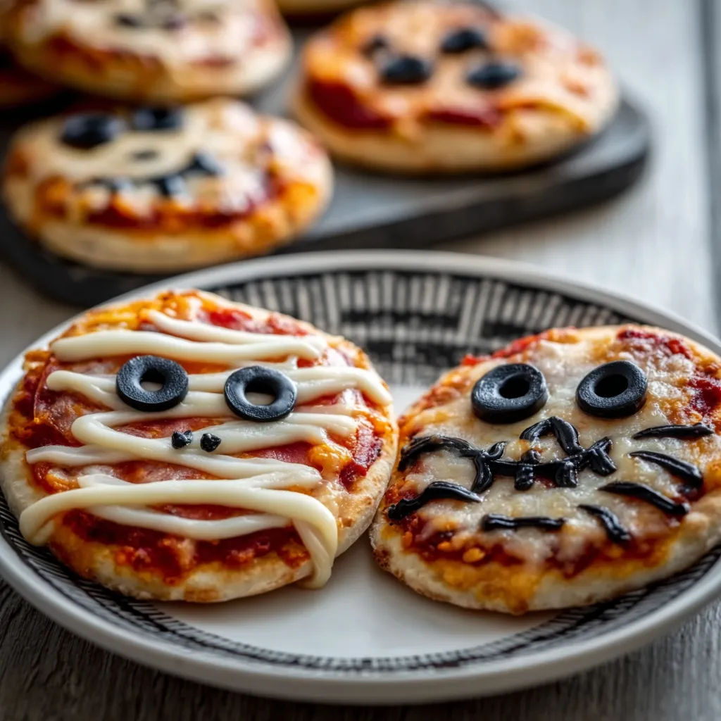Spooky Halloween Mini Pizzas with Festive Toppings and Creative Decorations - secondary view