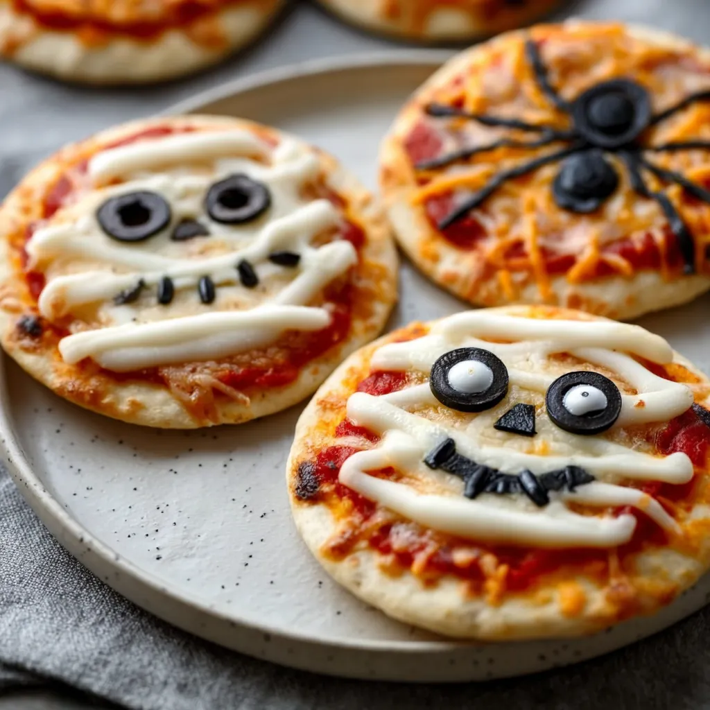 Spooky Halloween Mini Pizzas with Festive Toppings and Creative Decorations