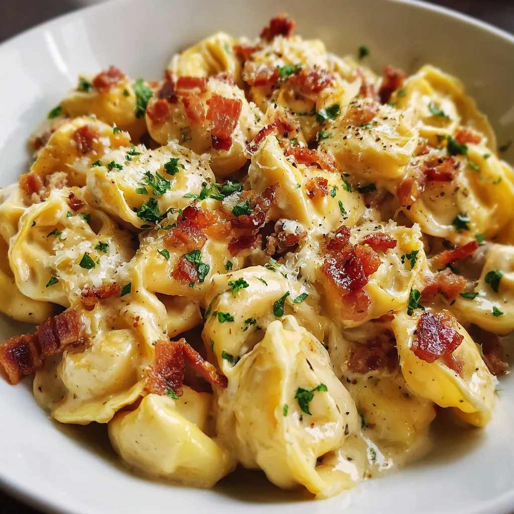 Creamy Bacon Tortellini with Rich Garlic Parmesan Sauce and Fresh Herbs - main view