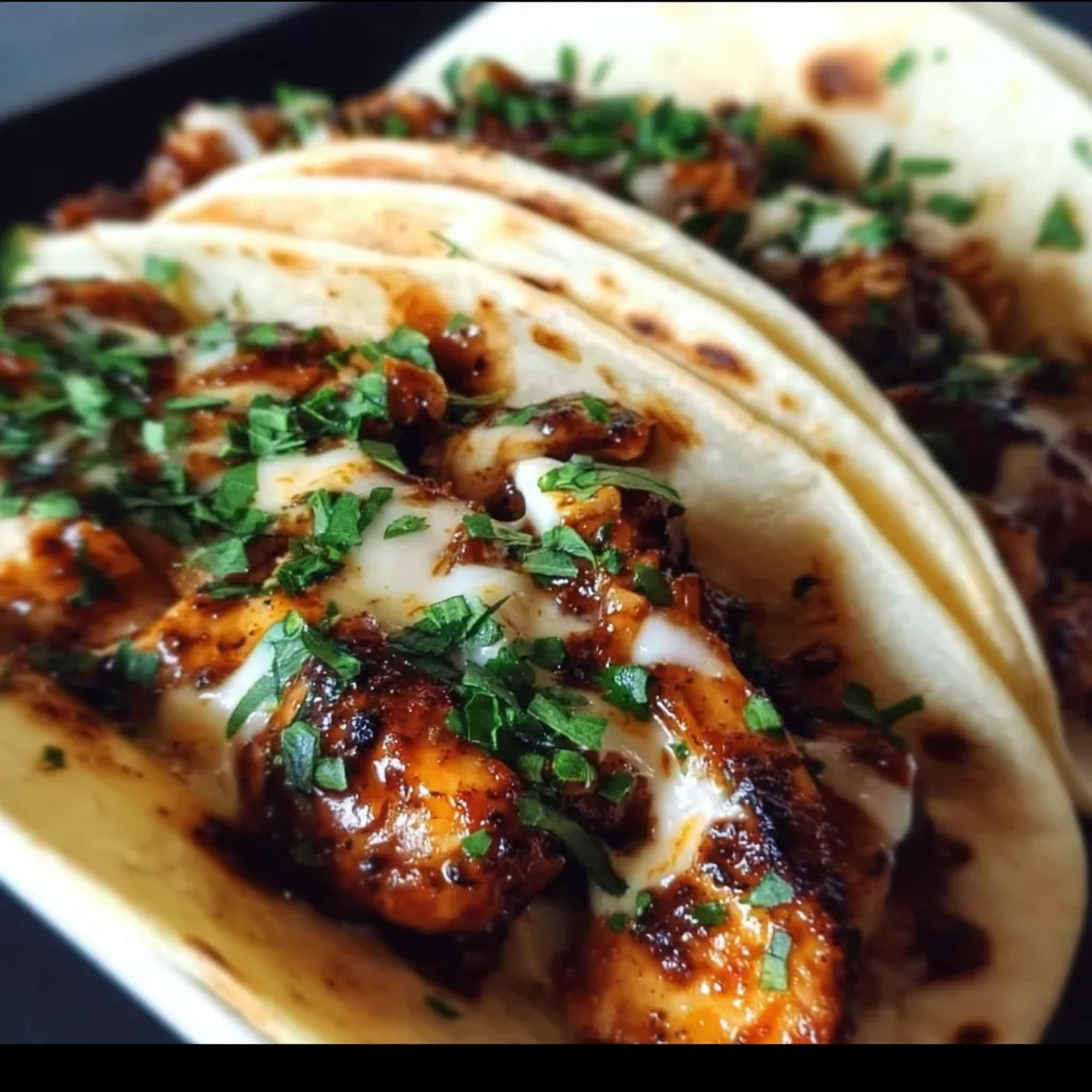 Garlic Butter Honey BBQ Chicken Tacos with Caramelized Onions and Fresh Toppings - secondary view
