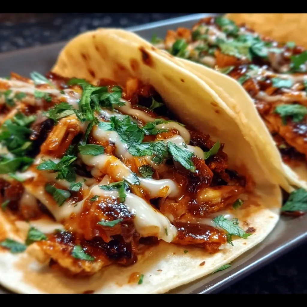 Garlic Butter Honey BBQ Chicken Tacos with Caramelized Onions and Fresh Toppings - main view