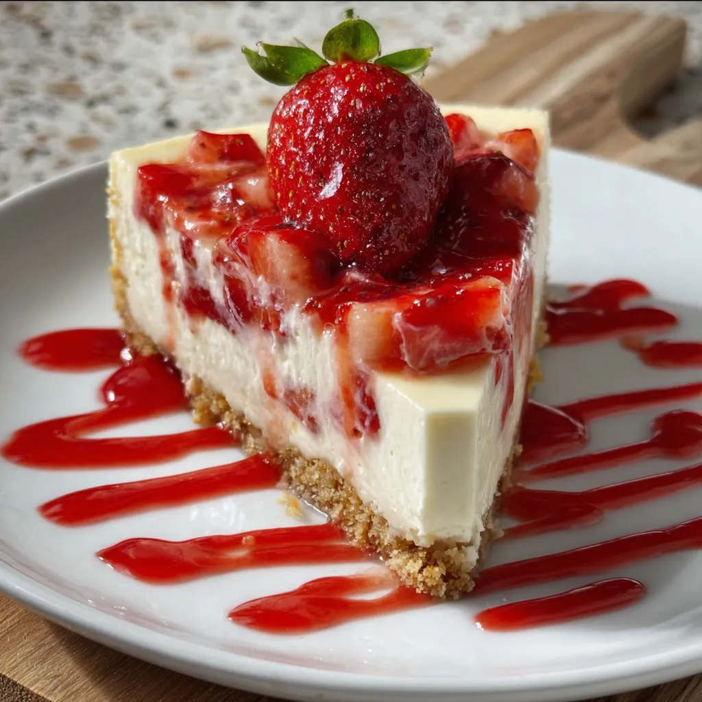 Ultimate White Chocolate Strawberry Cheesecake with Graham Crust and Berry Compote