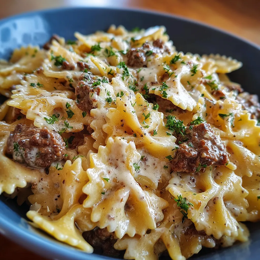 Creamy Beef and Bowtie Pasta with Mushrooms and Fresh Herbs - main view