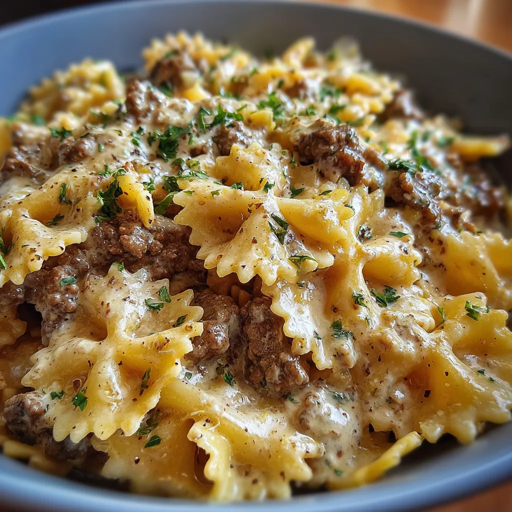 Creamy Beef and Bowtie Pasta with Mushrooms and Fresh Herbs - secondary view