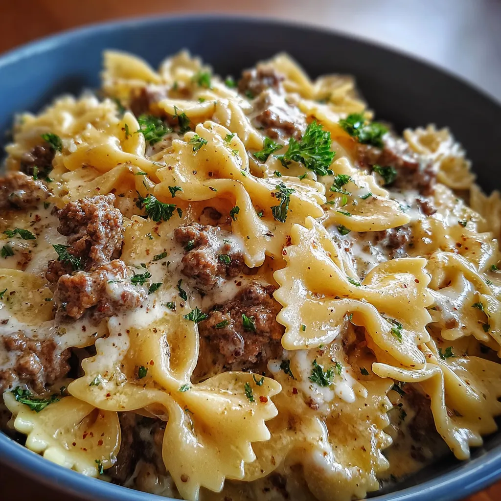 Creamy Beef and Bowtie Pasta with Mushrooms and Fresh Herbs - tertiary view
