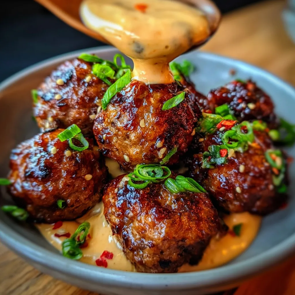 Korean BBQ Meatballs with Spicy Mayo Dip and Sesame Garlic Glaze - tertiary view
