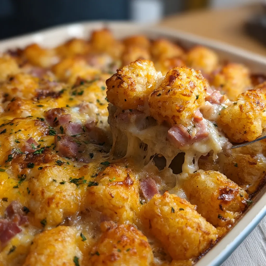 Ultimate Comfort Ham and Tater Tot Casserole with Creamy Cheese Sauce