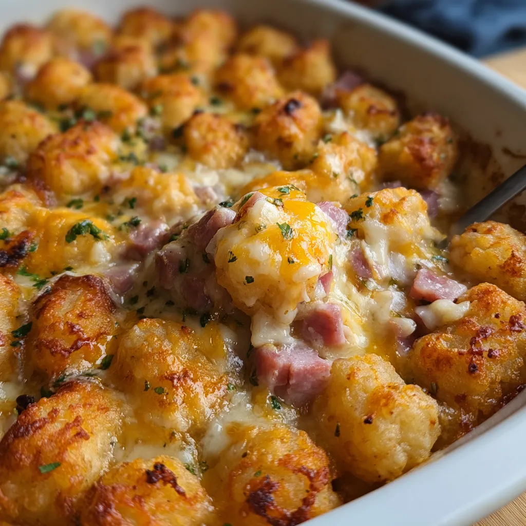 Ultimate Comfort Ham and Tater Tot Casserole with Creamy Cheese Sauce - secondary view
