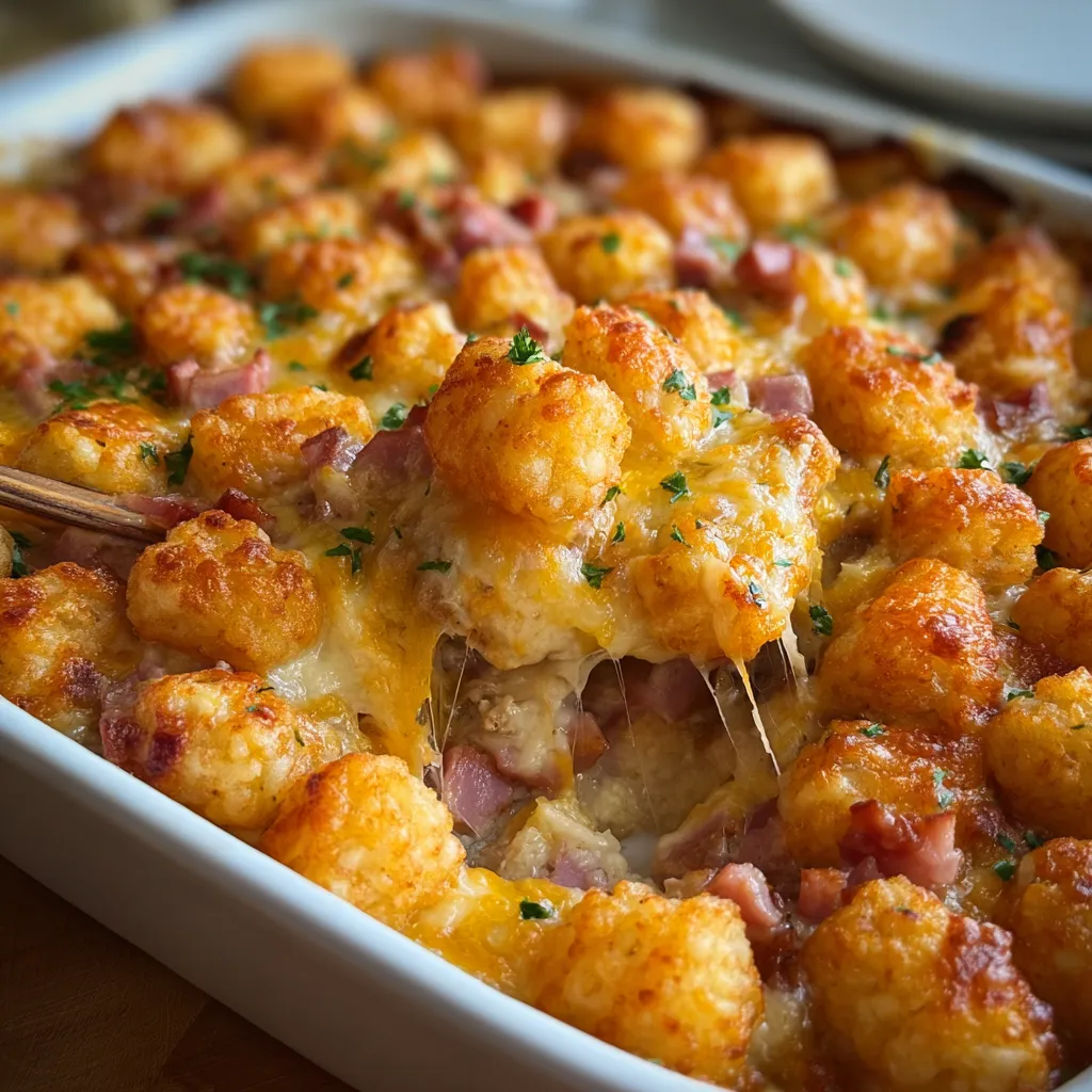 Ultimate Comfort Ham and Tater Tot Casserole with Creamy Cheese Sauce - tertiary view