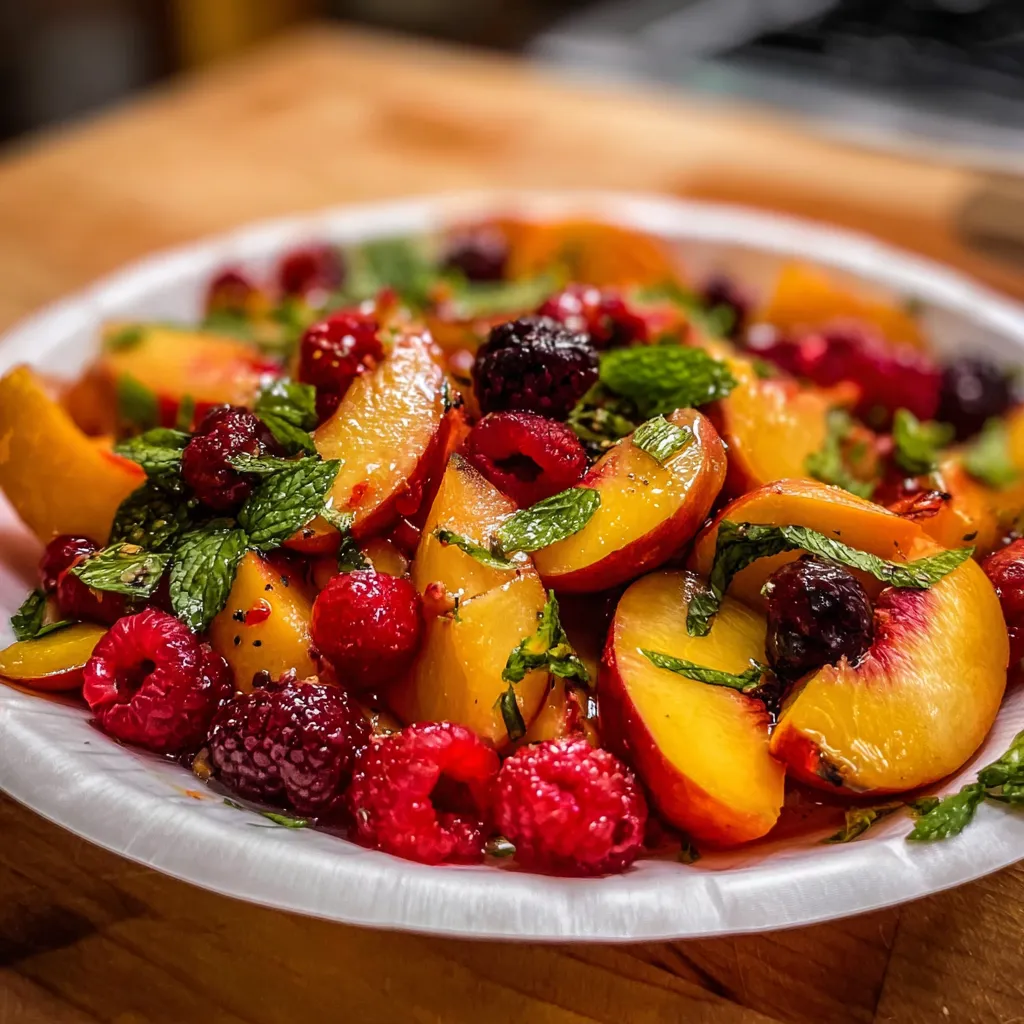 Fresh Summer Peach Fruit Salad with Honey Mint Dressing and Toasted Almonds - main view