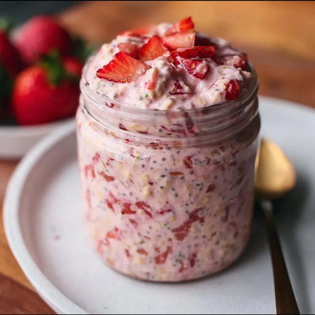 Creamy Strawberries and Cream Overnight Oats with Vanilla and Fresh Berries - main view
