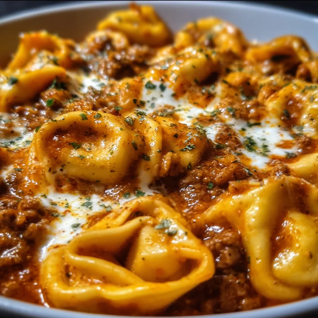 Ultimate Beef Enchilada Tortellini with Spicy Red Sauce and Melted Cheese - main view
