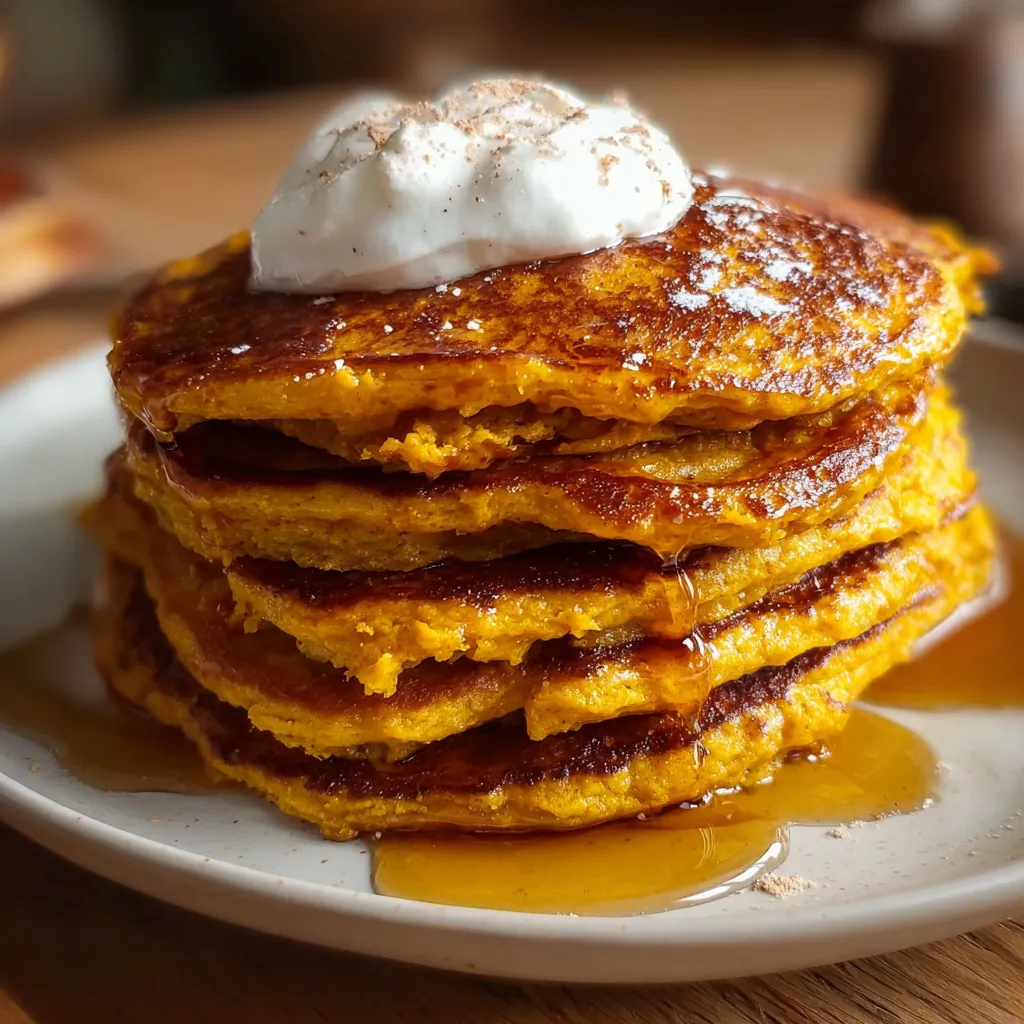 Fluffy Pumpkin Cottage Cheese Pancakes with Warm Spices and Maple Syrup - main view