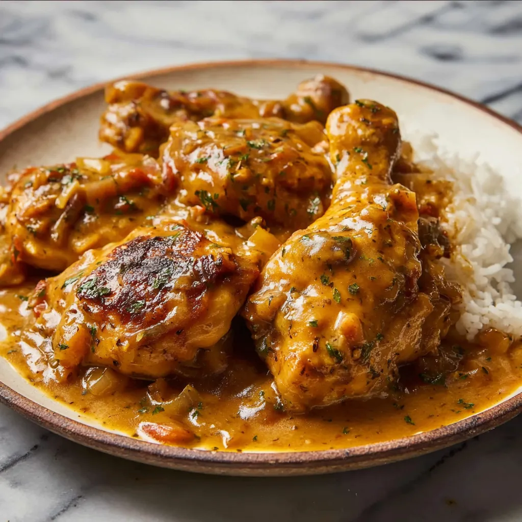 Southern Style Smothered Chicken Thighs in Rich Caramelized Onion Gravy with Fresh Herbs - secondary view