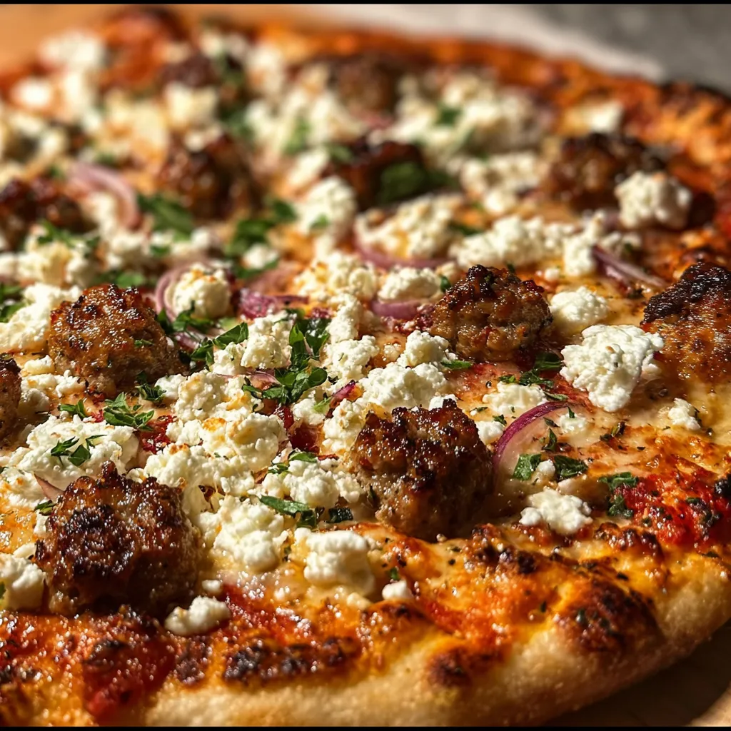 Sweet & Spicy Hot Sausage Feta Honey Pizza with Caramelized Onions and Arugula - main view