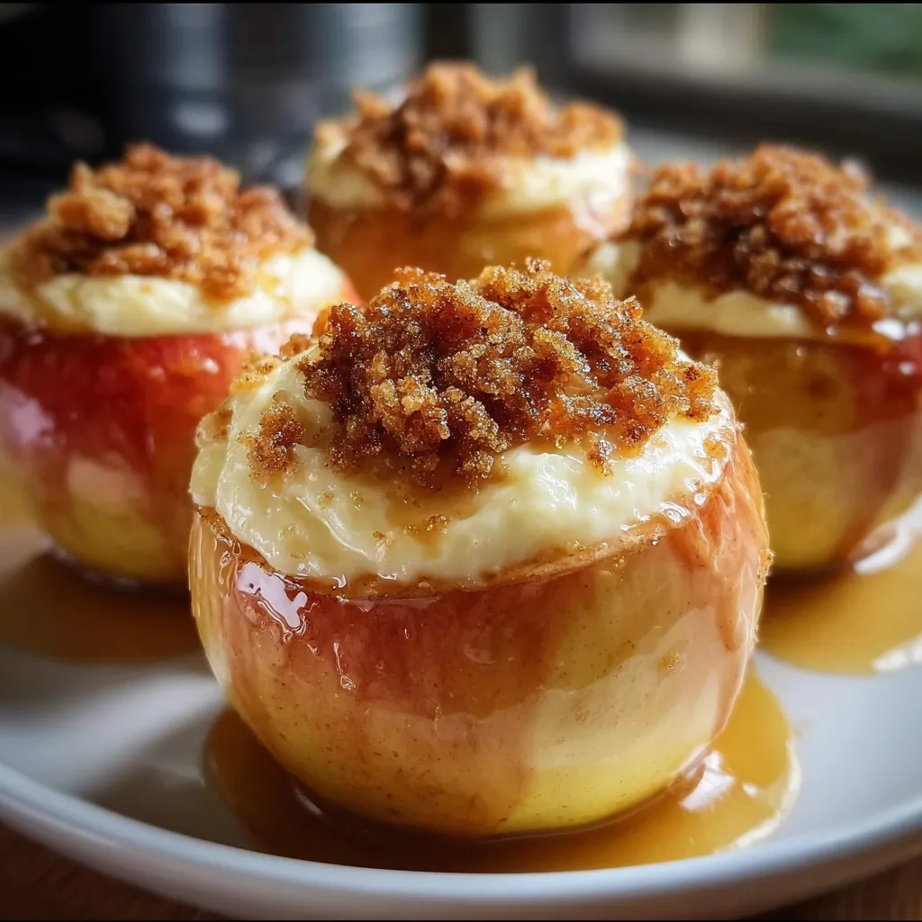 Cheesecake Stuffed Baked Apples with Cinnamon Graham Cracker Crumble and Vanilla Glaze