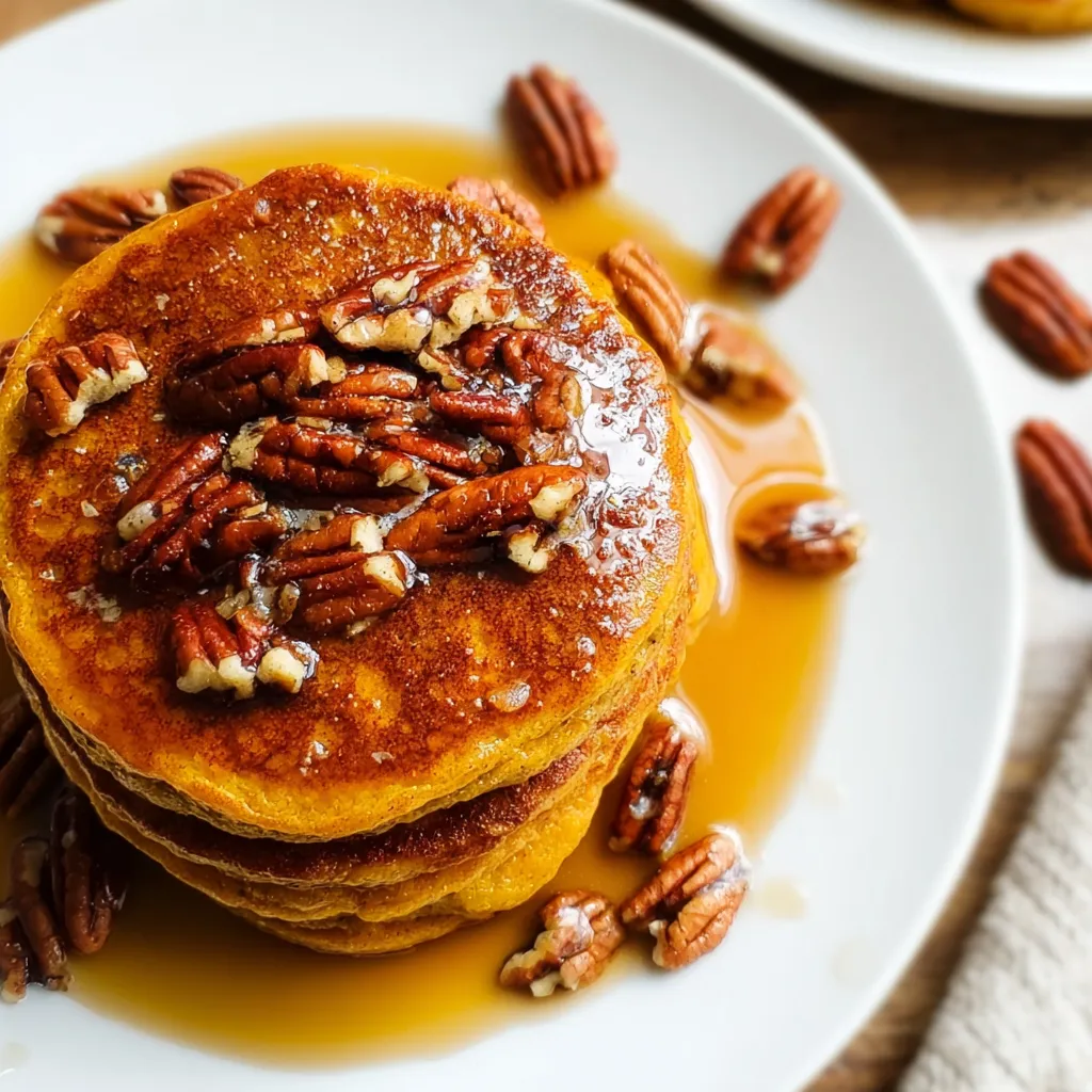 Fluffy Pumpkin Pancakes with Homemade Cinnamon Pecan Syrup and Warm Spices - tertiary view