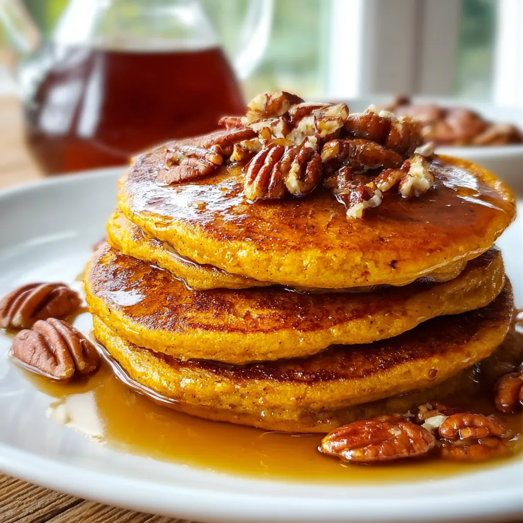 Fluffy Pumpkin Pancakes with Homemade Cinnamon Pecan Syrup and Warm Spices
