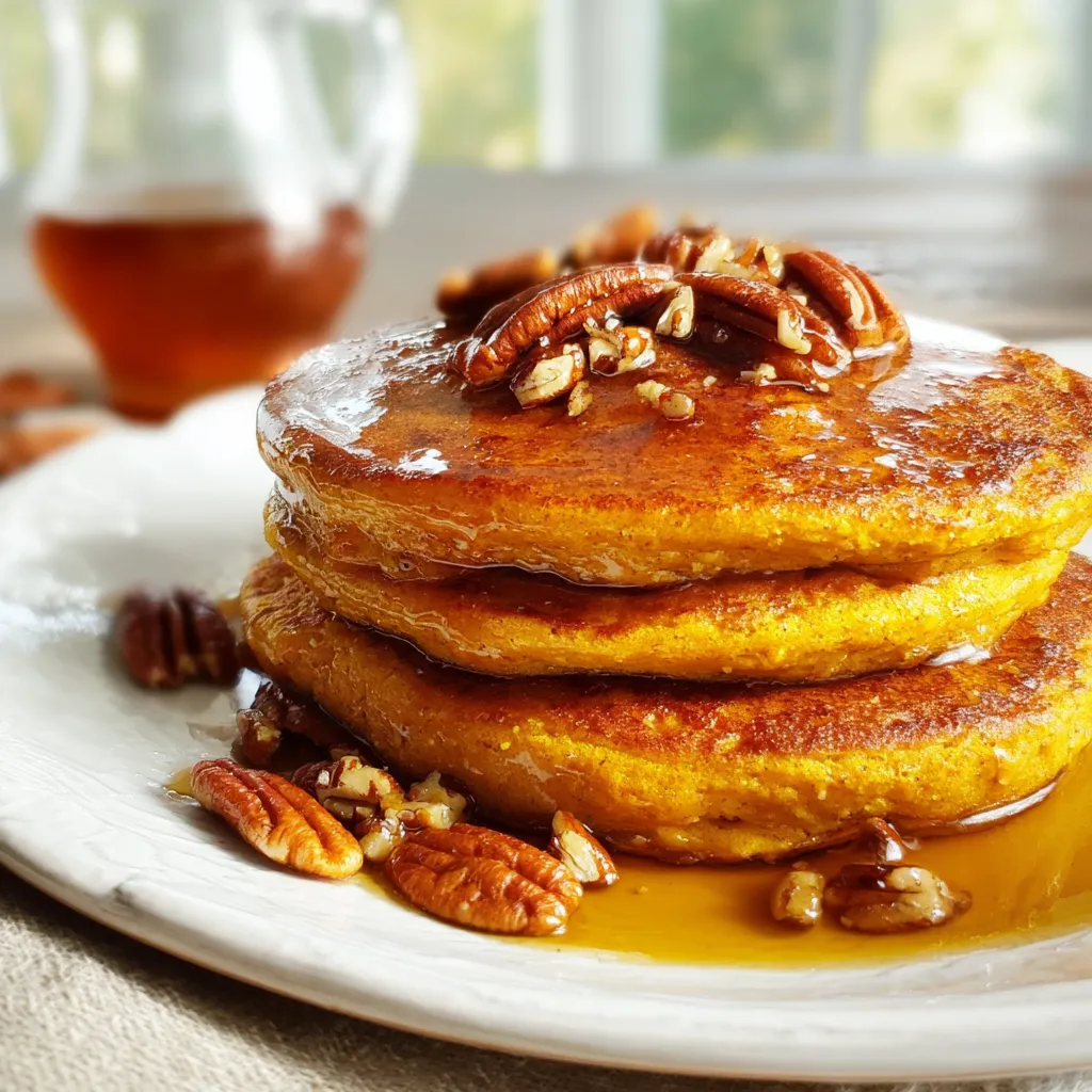 Fluffy Pumpkin Pancakes with Homemade Cinnamon Pecan Syrup and Warm Spices - secondary view
