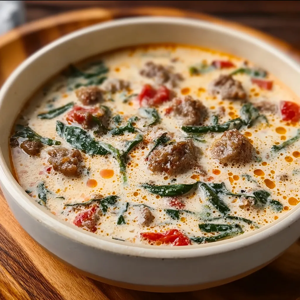 Rich Creamy Parmesan Italian Sausage Soup with Fresh Herbs and Tender Vegetables