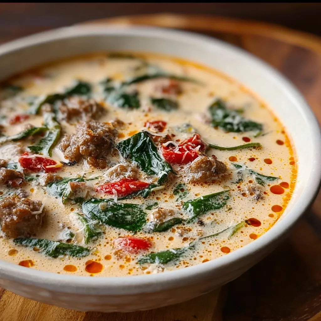 Rich Creamy Parmesan Italian Sausage Soup with Fresh Herbs and Tender Vegetables - secondary view