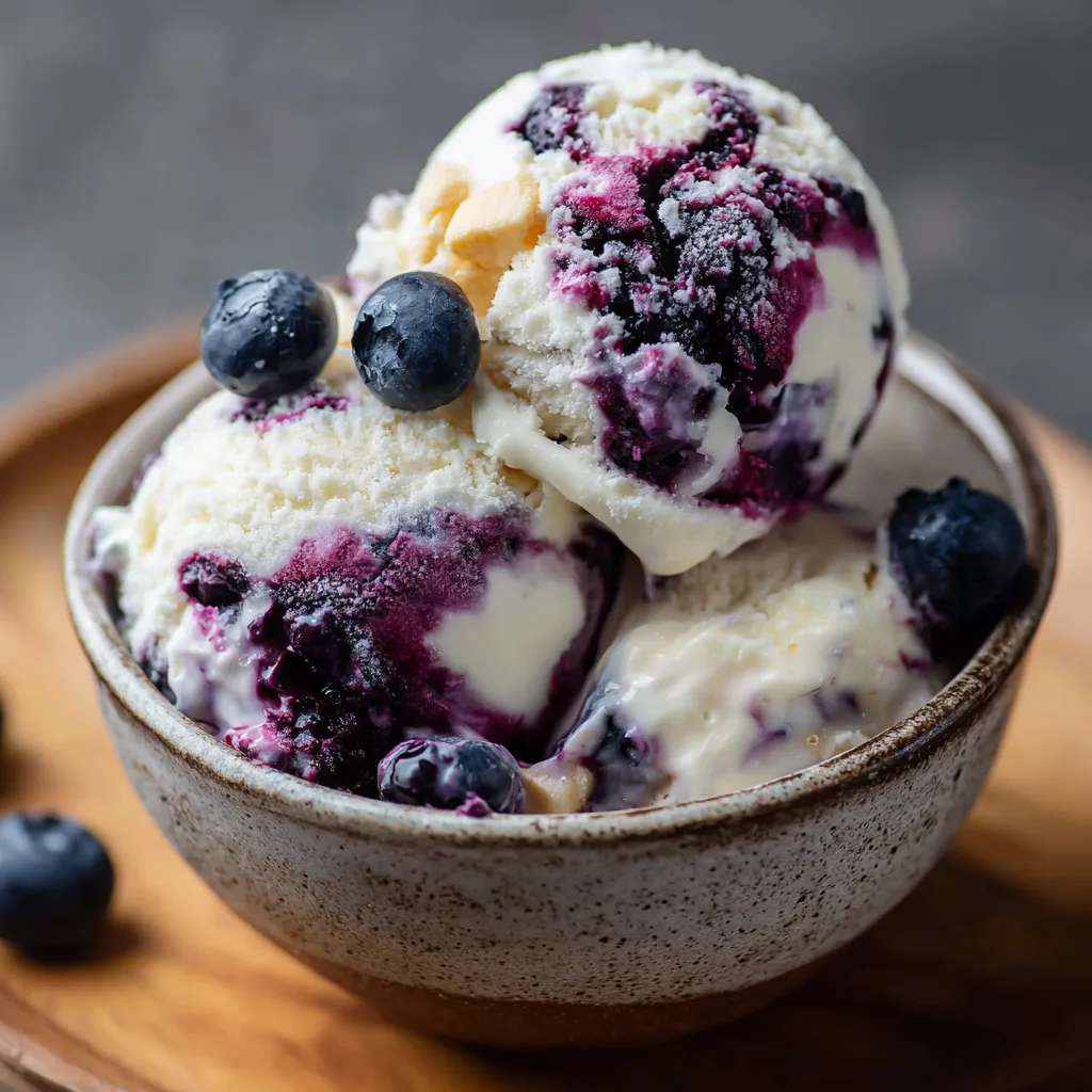 Creamy Homemade Blueberry Swirl Cheesecake Ice Cream with Fresh Berries - secondary view