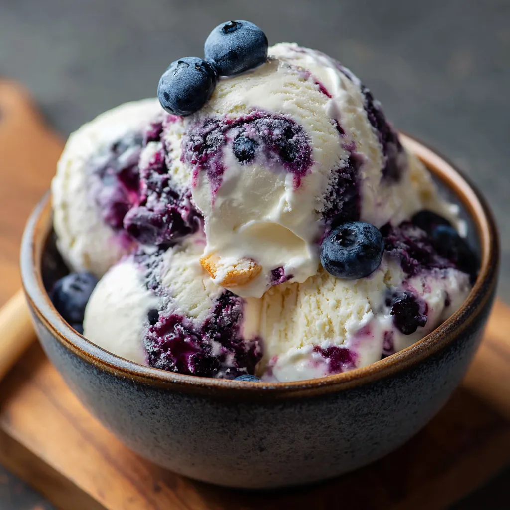 Creamy Homemade Blueberry Swirl Cheesecake Ice Cream with Fresh Berries