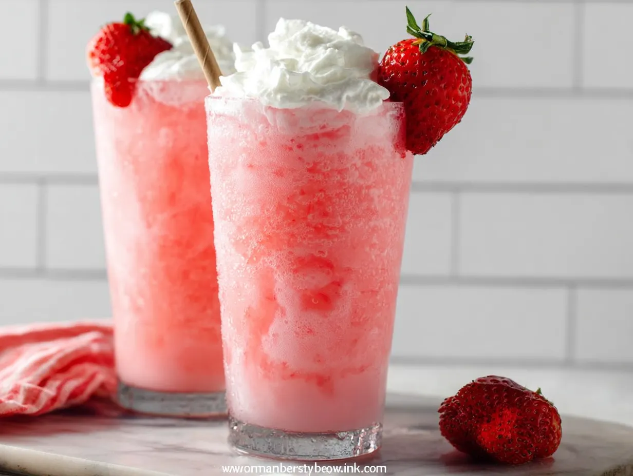Homemade Pink Strawberry Cream Soda with Fresh Berry Puree and Vanilla Cream