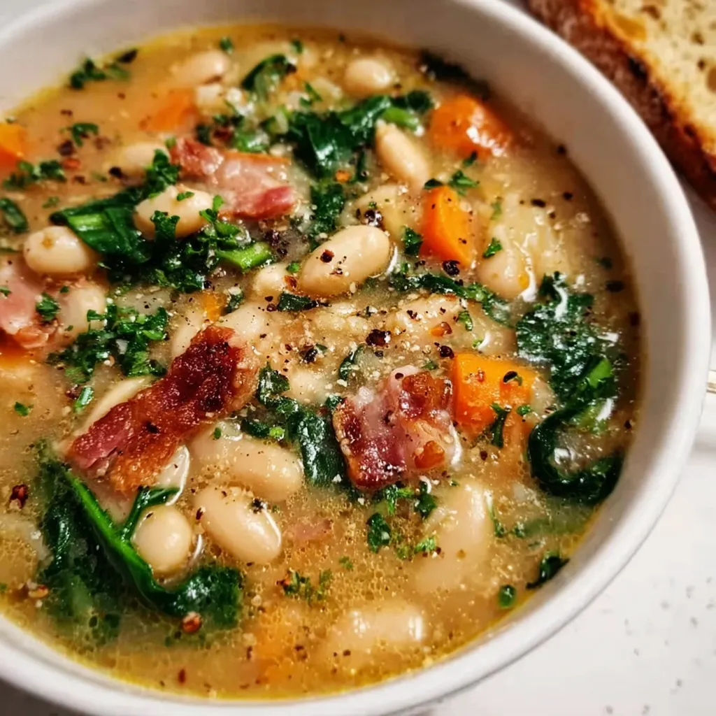 Authentic Tuscan White Bean Soup with Fresh Herbs and Vegetables - main view